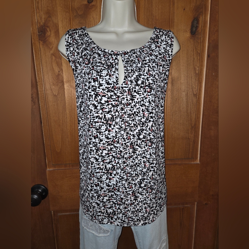 White House Black Market Patterned Blouse Black White Brown